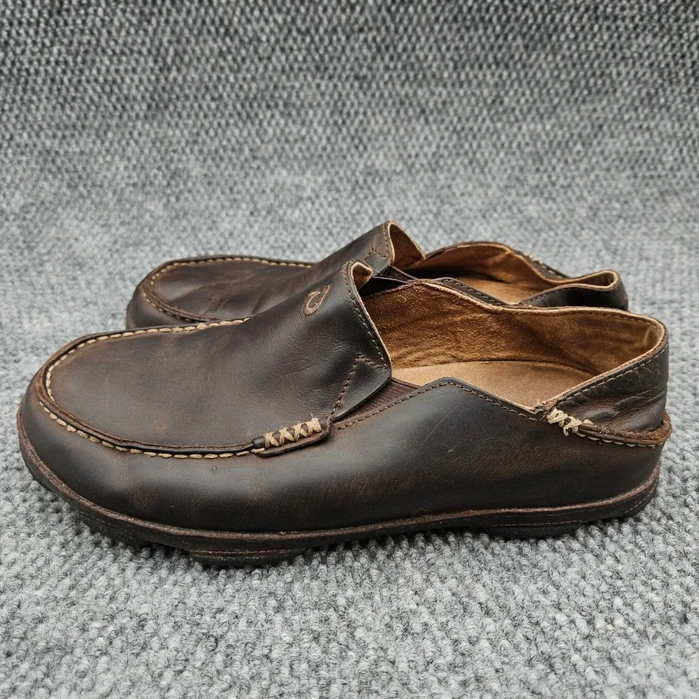OluKai (Men's 9.5) Brown Moloa Leather Slip On Loafers Casual Shoes Moccasin